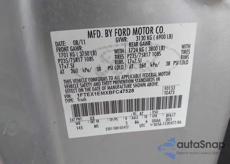 2011 Ford F150 Super Cab из США, поврежденный, VIN 1FTEX1EMXBFC47528